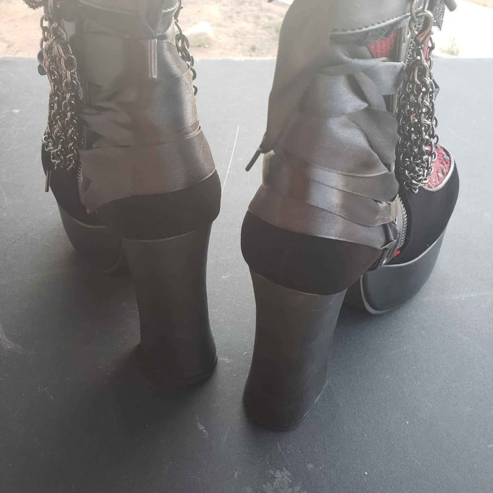 Demonia Red and Black Chain Heeled Boots - Picture 4 of 5
